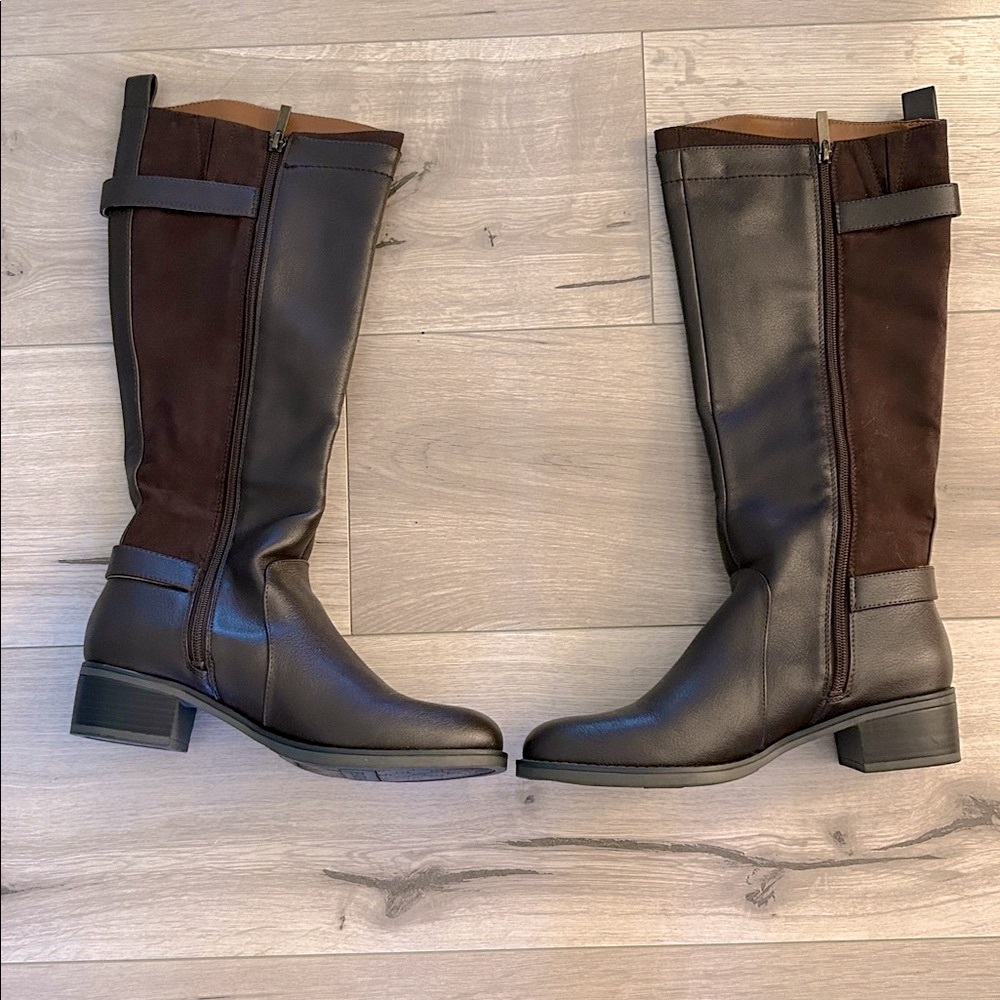 Women's Franco Sarto Tall Two-Tone Brown Riding Boots - Picture 7 of 12